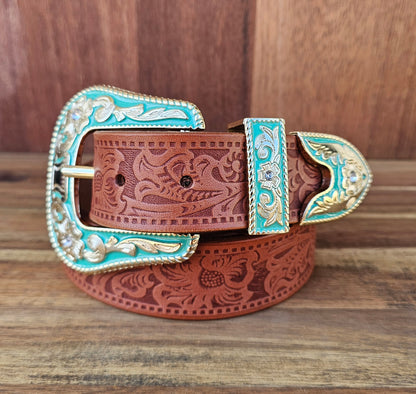 Turquoise 3 piece buckle Embossed Western Floral belt