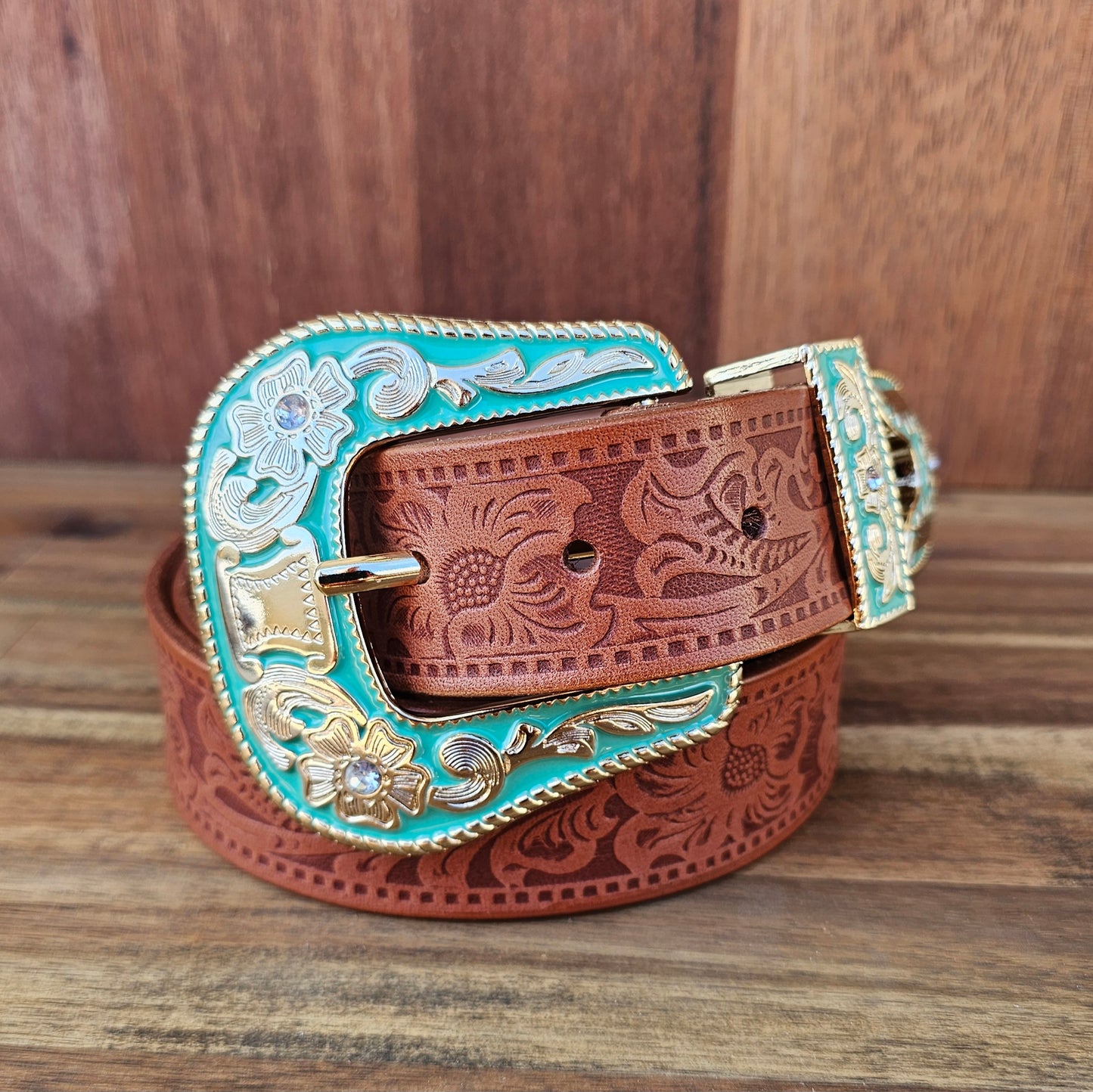 Turquoise 3 piece buckle Embossed Western Floral belt