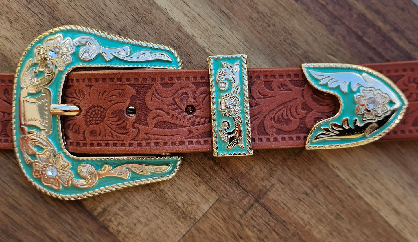Turquoise 3 piece buckle Embossed Western Floral belt
