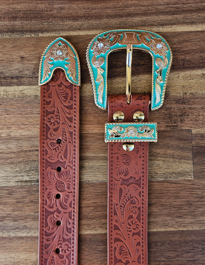 Turquoise 3 piece buckle Embossed Western Floral belt